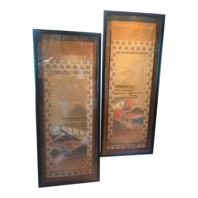 Pair of Large Antique Japanese Scrolls Signed Toso Mitsunori in Custom Frames For Sale