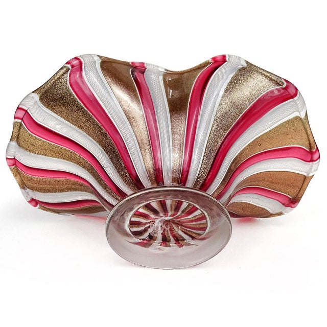 Glass Vintage Italian Art Glass Footed Bowl Murano Glittery Copper Aventurine Pink Red White Ribbons Dish For Sale - Image 7 of 8