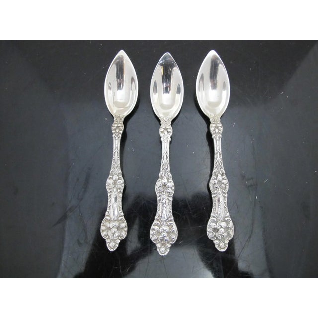 Antique Alvin Sterling Silver Old Orange Blossom 5 7/8" Citrus Spoon Set of 3 For Sale - Image 4 of 10