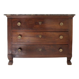 19th Century French Antique Empire Walnut Chest With Marble Top and Paw Feet For Sale