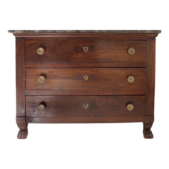19th Century French Antique Empire Walnut Chest With Marble Top and Paw Feet For Sale