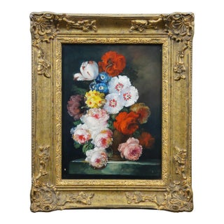 Vintage Floral Still Life Bouquet of Flowers Oil Painting on Canvas 22" For Sale
