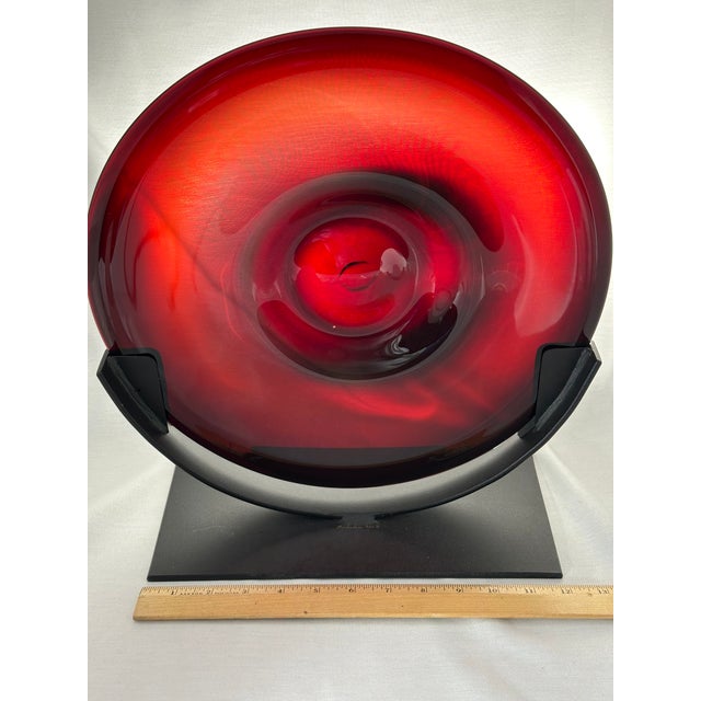Ruby Red Garnet Art Glass Sculpture on Black Metal Stand, Hand-Blown by Rick & Janet Nicholson, Signed & Dated 2013 For Sale - Image 8 of 9