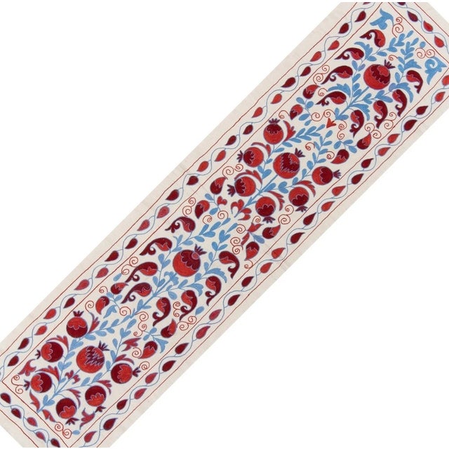 1.7x6.3 Ft Asian Suzani Textile Table Runner. Silk Embroidered Wall Hanging For Sale In New York - Image 6 of 6