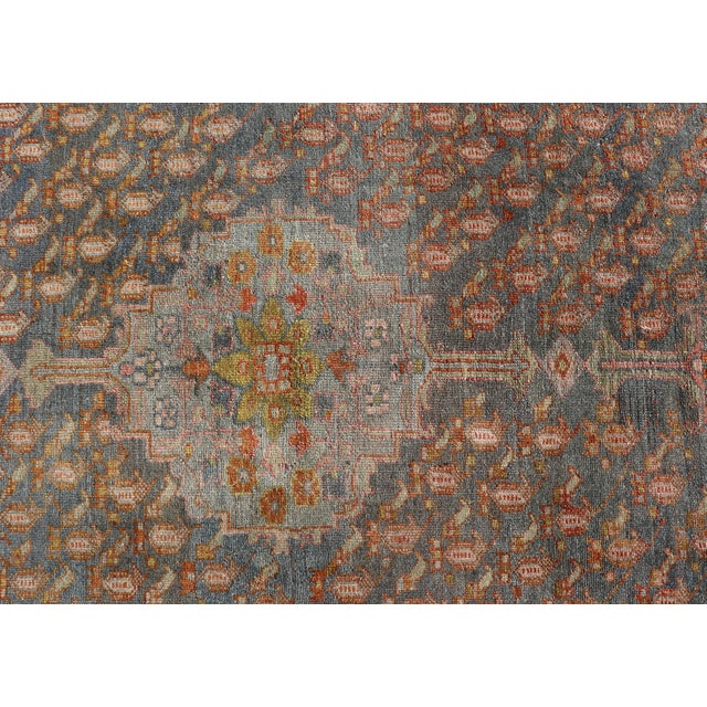 Textile Antique Persian Gallery Malayer Rug With Geometric Design in Gray-Blue and Pink For Sale - Image 7 of 12