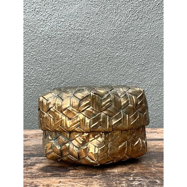 Wood Vintage Gilded Rattan Decorative Hexagon Box For Sale - Image 7 of 12