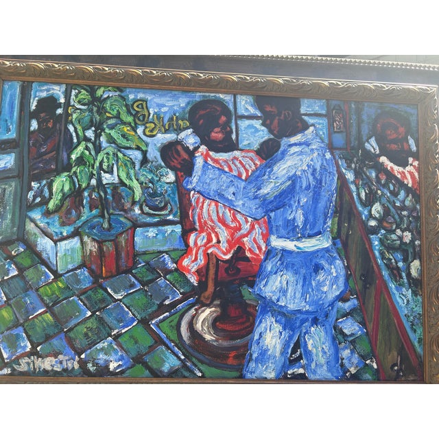 Textile Mid 20th Century Post Impressionist Figural Oil on Canvas 'Franks Barber Shop' Signed Victor J. Silvestri For Sale - Image 7 of 11