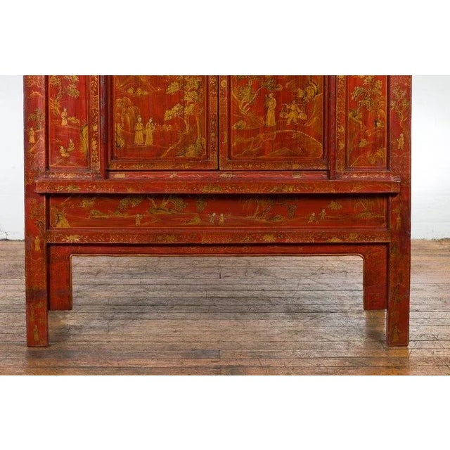 Wood 19th Century Large Chinese Qing Dynasty Red Lacquer Armoire with Gilt Décor For Sale - Image 7 of 13