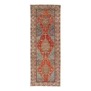 Early 20th Century Antique Hamadan Gallery Rug With Geometric Medallions in Red Blue and Brown