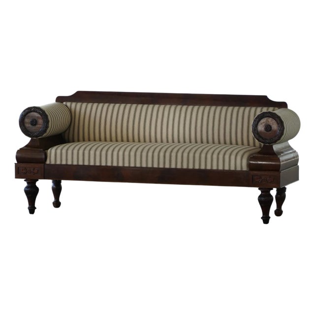 Antique Danish Empire Sofa with Detailed Woodwork and Striped Fabric, 19th Century For Sale