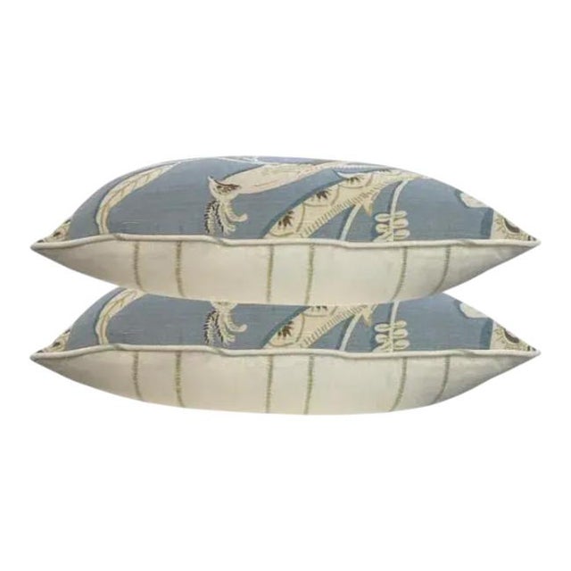 Textile Pair of Soft Blue Aviary Lumbar Pillows For Sale - Image 7 of 7