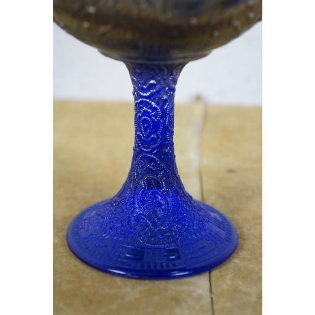 Fenton Art Glass Company Antique Fenton Cobalt Blue Iridescent Carnival Glass Persian Medallion Compote For Sale - Image 4 of 12