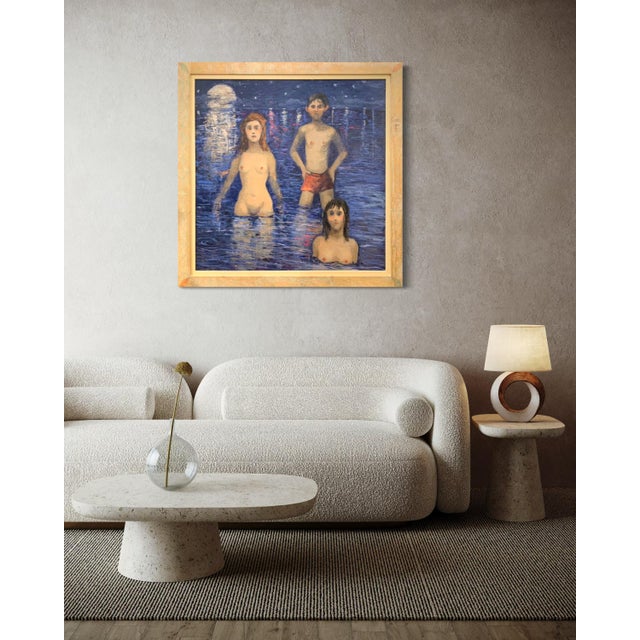 Wood Giampaolo Talani "The Bay With Full Moon" Oil on Board, Large Figurative Nocturne, Tuscan Coastal Art, Contemporary Art by Italian Master, 2000 For Sale - Image 7 of 12