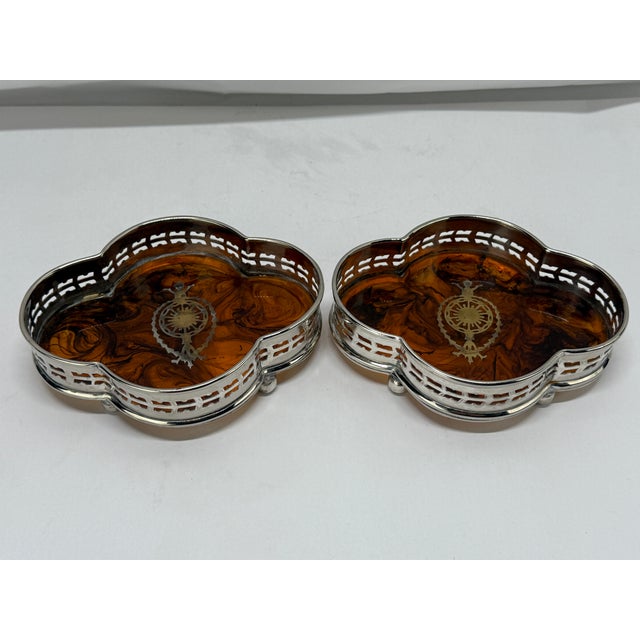 Metal Pair, English Faux Tortoiseshell & Silverplate Gallery Edge Wine Coaster For Sale - Image 7 of 7