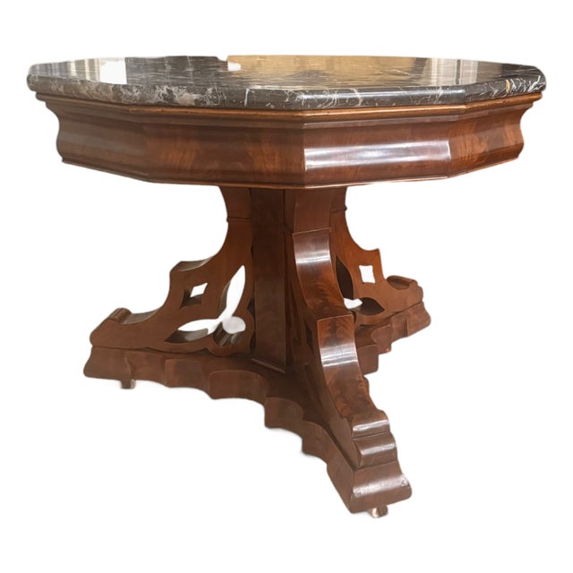 Antique Octagonal Black Marble Top Mahogany Center Table on Porcelain Casters For Sale