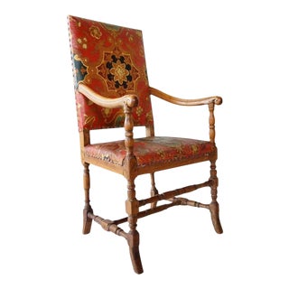 Scandinavian Baroque Leather and Oak Armchair For Sale