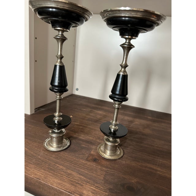 Ebony Early 20th Century French Ebony Candlestick Holders- Set of 2 For Sale - Image 8 of 10
