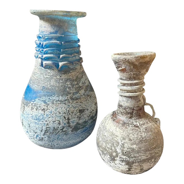 1970s Set of Two Cenedese Style Blue and Gray Scavo Murano Glass Vases For Sale