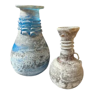 1970s Set of Two Cenedese Style Blue and Gray Scavo Murano Glass Vases