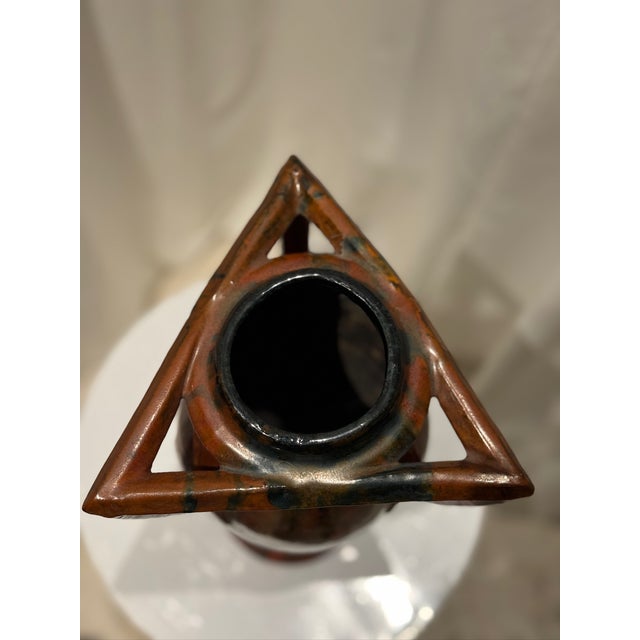 Mid 20th Century Vintage French Art Nouveau Pottery Vase With Sculptural Triangular Handles For Sale - Image 5 of 6