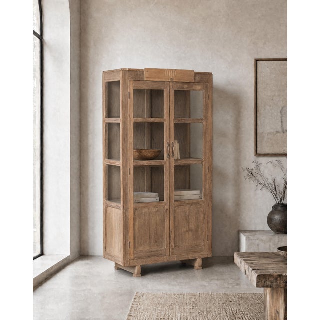 Vintage Teak Wood Armoire | Antique Indian Glass Cabinet | Rustic Display Cabinet | Wabi Sabi Home Decor For Sale - Image 6 of 6