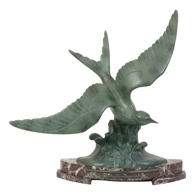 Art Deco Sculpture of Seagull on Marble Base with Bronze Patina For Sale