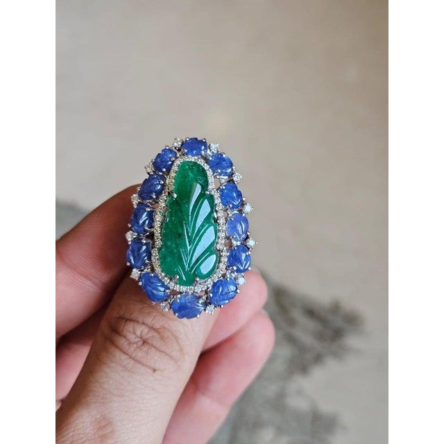 Set in 18k Gold, Carved Zambian Emerald, Blue Sapphires & Diamonds Cocktail Ring, Size 6 For Sale - Image 4 of 9