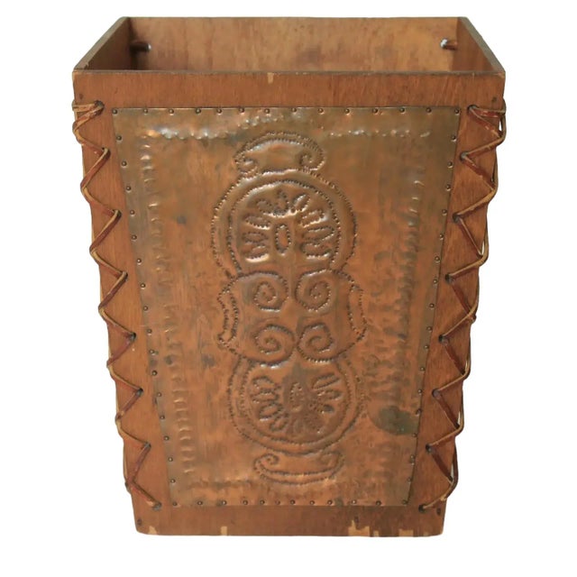 Mid 20th Century Arts & Craft Style Wood & Copper Waste Basket For Sale - Image 5 of 8