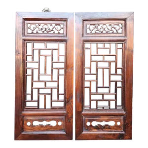 Mid 20th Century Pair of Antique Chinese Hand Carved Asian Pine Wood Window Lattice Wall Panels