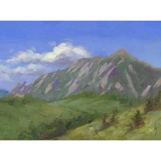 Flatirons by Kirsten Savage | Oil on panel Painting of rocky mountains under a blue sky For Sale