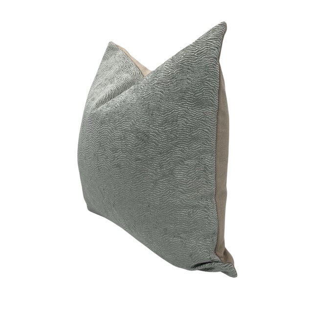 Pair of handcrafted pillows fashioned with Cowtan & Tout Idaho Ocean in blue fabric on the front and backed in a flax...