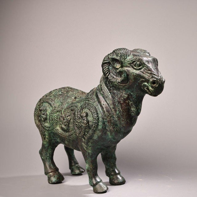 Traditional Early 20th Century Bronze Ram Sculpture – 9.1" Archaic Style Animal Figure With Inscription For Sale - Image 3 of 10