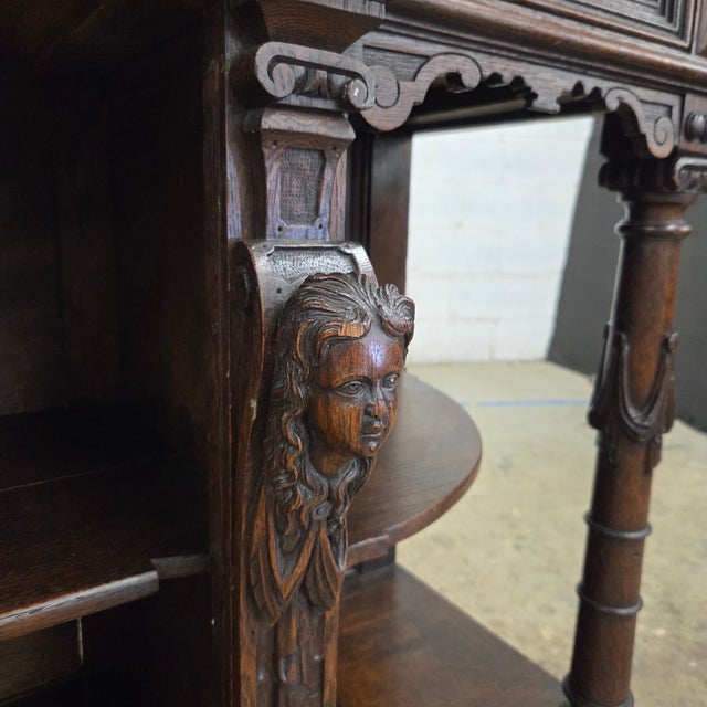 English Oak Antique Jacobean Style Walnut Buffet With Ornate Carved Legs, Drawers, & Open Shelving For Sale - Image 3 of 18