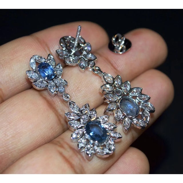 Certified Natural 8.4CTS VS F Diamond Ceylon Sapphire 18K Solid Gold Chandelier Earrings, A Pair For Sale - Image 4 of 5
