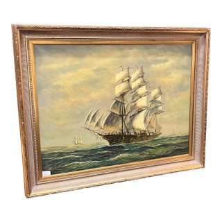 Early 20th Century John Ambrose Large Ship Oil on Canvas Painting For Sale