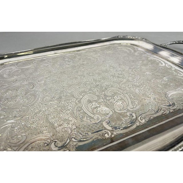Vintage English Ornate Engraved Metal Twin Handle Tray For Sale - Image 12 of 18