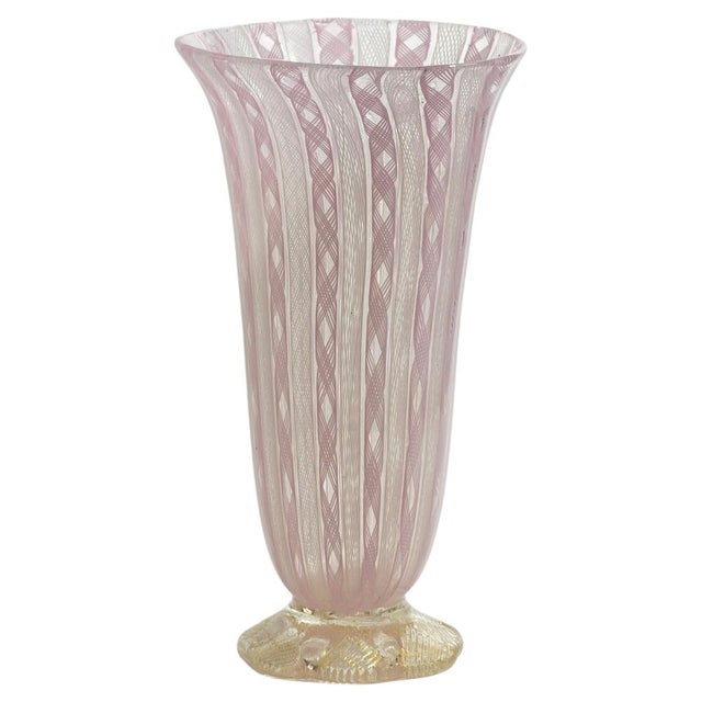 Murano Pink Zanfirico and Latticino Glass Trumpet Vase, Italy, 1950s For Sale - Image 10 of 10