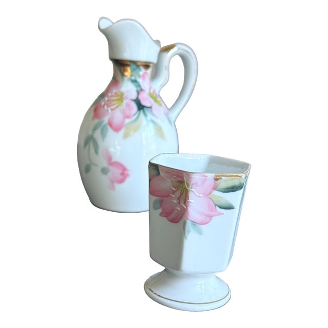 Antique, Early 20th Century Noritake Japan Azalea Porcelain Mustard Pot and Vinegar Cruet Set For Sale