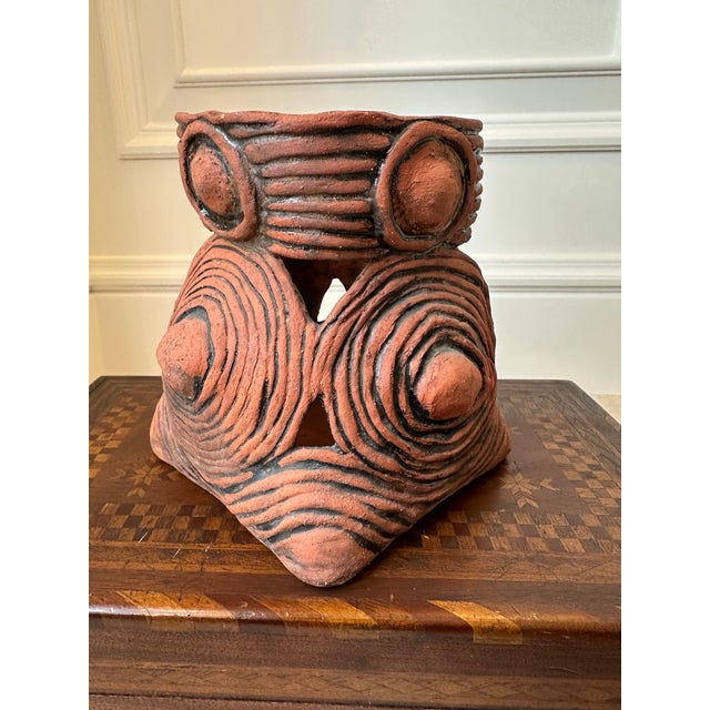 Amazing Handcrafted Deep Terracotta Pierced Vessel With Black Glaze, Signed and Dating to the 1970’s. Well made and...