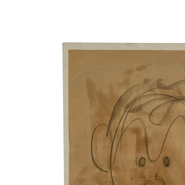 Vintage Abstract Portrait Drawing on Toned Paper by Jerry Owens, Modernist Figurative Artwork.. For Sale - Image 4 of 10
