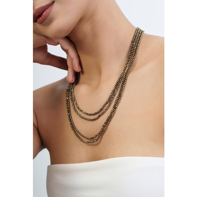 73 Ct Pyrite Beaded Double Strand Necklace With Silver Clasp 2.8mm Beads 18” Long For Sale - Image 13 of 18