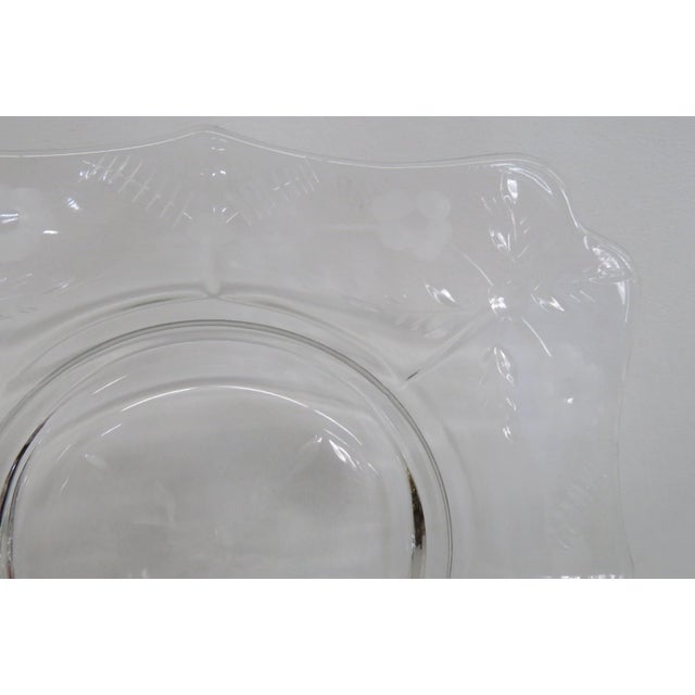 Clear Glass Square Plates 4pc Set With Floral Etched Motif Scalloped Edges 4852b For Sale - Image 4 of 12