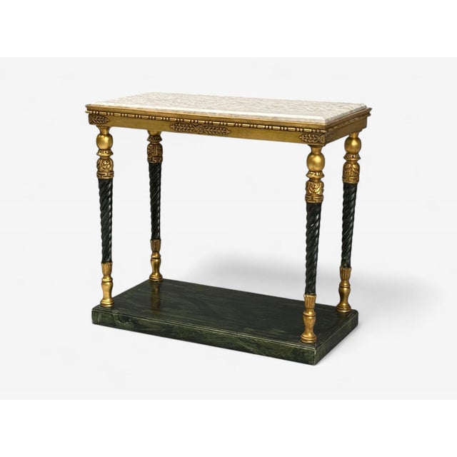 Swedish Neoclassical Style, Giltwood, Marble, Console Tables, Sweden, 20th c. Pair of elegant gilt and parcel-painted...