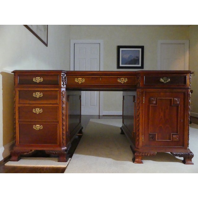 Early 20th Century Georgian Style Double Pedestal Mahogany Partners Desk For Sale - Image 11 of 11
