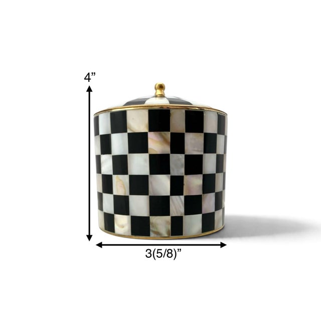 Striking black-and-white checkered vanity jar with Hollywood Regency glam. Handmade in Morocco with mother-of-pearl inlay...