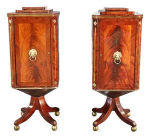 Rare Flame Mahogany Pair Edwardian Pedestal Silverware Side Cabinets