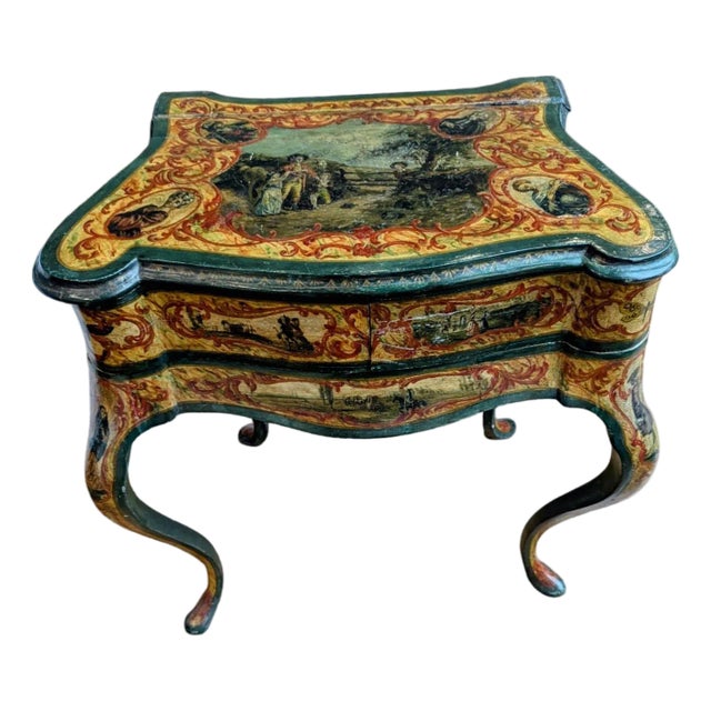 Antique Venetian Style Lacquered Wood Vanity Table and Desk With Folding Storage Wings and Mirror For Sale