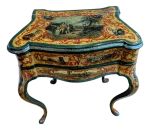 Antique Venetian Style Lacquered Wood Vanity Table and Desk With Folding Storage Wings and Mirror
