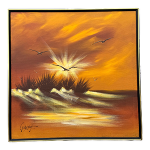 Framed Mid Century Modern Coastal Sunset Seagulls Oil Painting on Canvas Artist Signed
