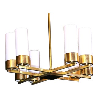 Jacques Adnet Brass Chandelier, Eight Lights, Mid-Century France For Sale